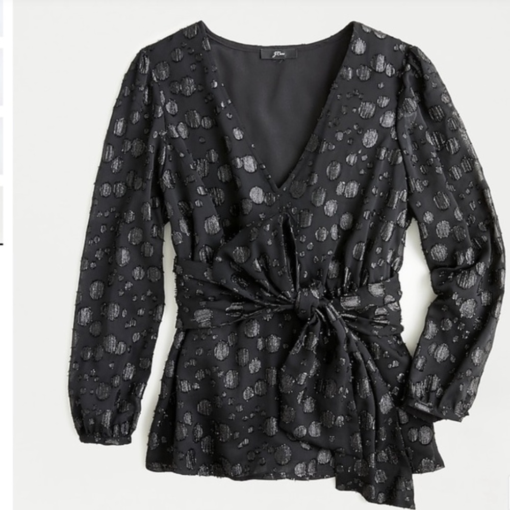 J CREW Tie-waist V-neck top metallic dot jacquard